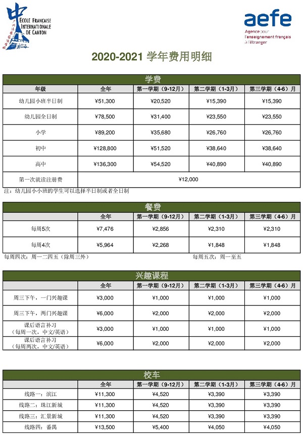 廣州法國國際學校2020-2021學年學費費用多少