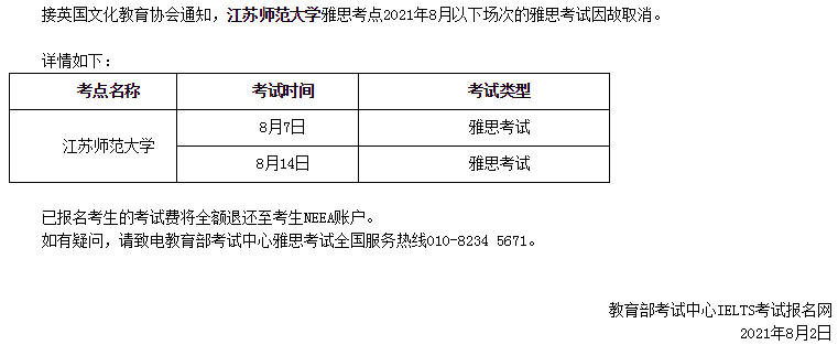 關(guān)于取消2021年8月江蘇師范大學(xué)部分場次雅思的通知